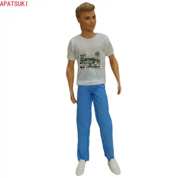 1 Set White Karikatūrų Spausdinimas Marškinėliai & Mėlynos Kelnės Ilgos Kelnės už Lėlė Kenas Komplektus Drabužius Barbie Draugu, Kenas