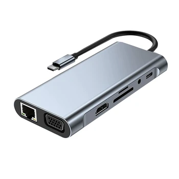 11 1 USB C HUB Doko Stotis Su 4K HDMI Suderinamus, VGA, SD/TF Kortelių Skaitytuvas Pro
