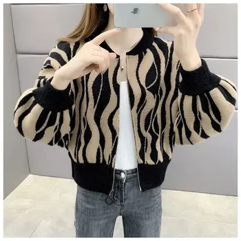 2023 Naują Apkarpytą Vintage Megztinis su Užtrauktuku Leopard Megztinis Drabužiai, Megzti Megztinis Sueters Naujų korėjos Mados Paltai Moterims V188