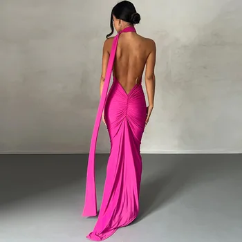 2023 Vieną Petį Backless Reguliuojamas Šalikas Linijos Ruched Seksualus Maxi Suknelė Moterims, Elegantiškas Y2K Streetwear Festivalis Apranga