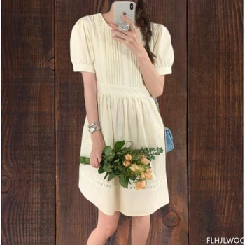 Baltos Suknelės Ilgio Karšto Pardavimo 2023 Moteris Korėja, Japonija Stiliaus Dizaino Drabužiai Vasaros Tuščiaviduriai Iš Nėrinių Raukiniai Vintage Suknelė