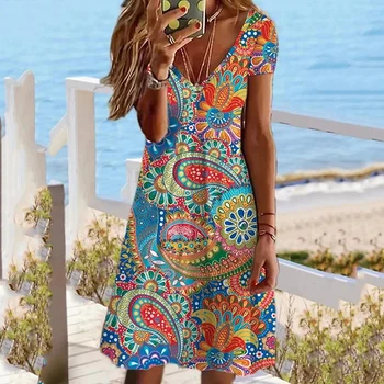 Derliaus Etninės Spausdinimo Suknelė Moterims 2023 V-Kaklo Trumpomis Rankovėmis-Line Suknelių Mados Atsitiktinis Elegantiškas Holiday Beach Sundress