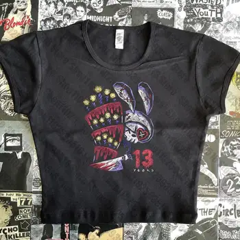 Estetinės Moterų Velnias Triušis grafika Gotikos Pasėlių Viršuje Streetwear Grunge Kūdikių Tee Derliaus trumpomis Rankovėmis T-Shirt Y2k Drabužius Emo