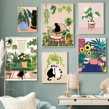 Funny Cat Plakatas Katės su Botanikos Augalų Paveikslai Tapyba Kačių Mylėtojas Dovanos Virtuvės Sienos Meno Nuotraukas Kambarį Namų Dekoro