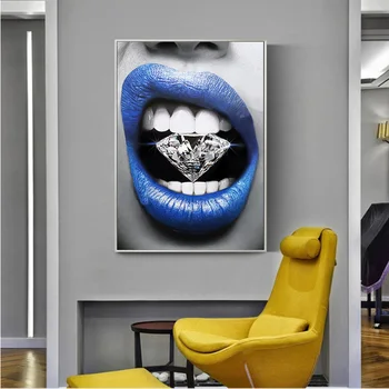 GOODECOR Modernus Plakatas Meno Seksualus Mėlynos spalvos Lūpų Diamond Bite Spausdinti Sienos Aliejaus Tapybai, Drobė Nuotrauką Kambarį Baras Office Namų Dekoro