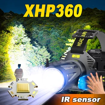 Infraraudonųjų SPINDULIŲ Jutiklį XHP360 Galingas LED Žibintas Įkraunamas Galvos Žibintuvėlis XHP199 Didelės Galios priekinis žibintas 18650 Žibintai Kempingas Žibintų