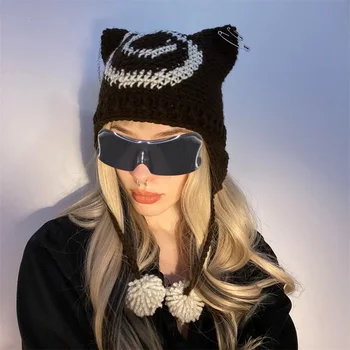 Moterų Vilnos Katė Skrybėlę Žiemos Ruda Šilumos Ratas Kačių Ausų Kepurę su Pp Grunge Goth Earflaps Skrybėlę Lauko Veikla