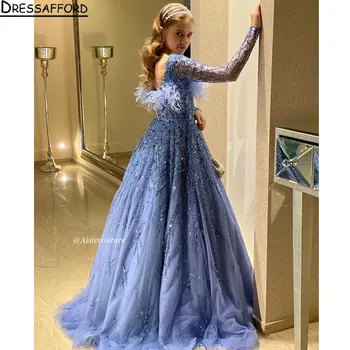Mėlyna Kristalų Duobute Plunksnos Dubajus Vakarinę Suknelę-Line Aikštėje Apykakle Ilgomis Rankovėmis Saudo Arabų Oficialią Šalies Suknelė