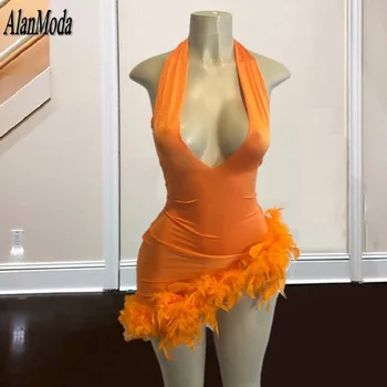 Seksualus Apelsinų Kokteilis Suknelė Apynasrio Prabanga Moterys Šalis Chalatai Plunksnos Oficialus Mini Prom Dress