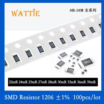 SMD Rezistorius 1206 1% 0.022 R 0.024 R 0.025 R 0.027 R 0.028 R 0.03 R 0.033 R 0.036 R 0.039 R 100VNT/daug chip Itin mažo pasipriešinimo vertė