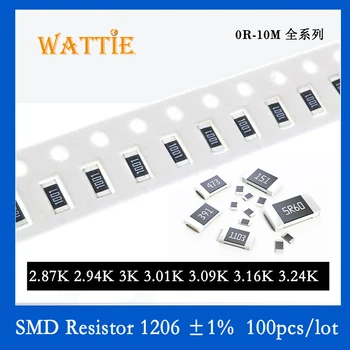 SMD Rezistorius 1206 1% 2.87 K 2.94 K 3K 3.01 K 3.09 K 3.16 K 3.24 K 100VNT/daug chip resistors 1/4W 3.2 mm x 1.6 mm