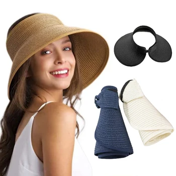Vasaros Moterų Išardomi Tuščias Skrybėlių Mados vientisos Spalvos Lauko Plataus kraštais UV-įrodymas, Šiaudų Skrybėlę Kvėpuojantis Paplūdimio Skrybėlę