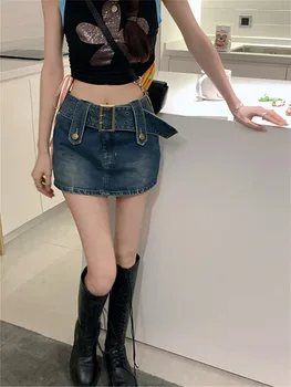 Džinsinis Diržas Mados Moterų Mini Sijonas Mažas Juosmens Seksualus Streetwear Lady Sijonai