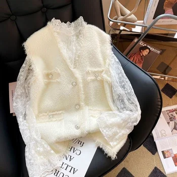Moterų Mažųjų Kvepalų Megztinis Liemenė Švarkas Elegantiškas V-kaklo Perlų Button Cardigan Kišenėje Naujas 2022 Mados Atsitiktinis Kailis Viršų